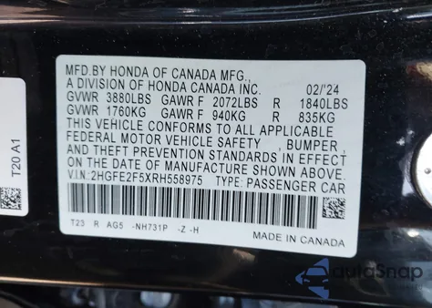 2024 Honda Civic Sport z USA, uszkodzony, nr VIN 2HGFE2F5XRH558975